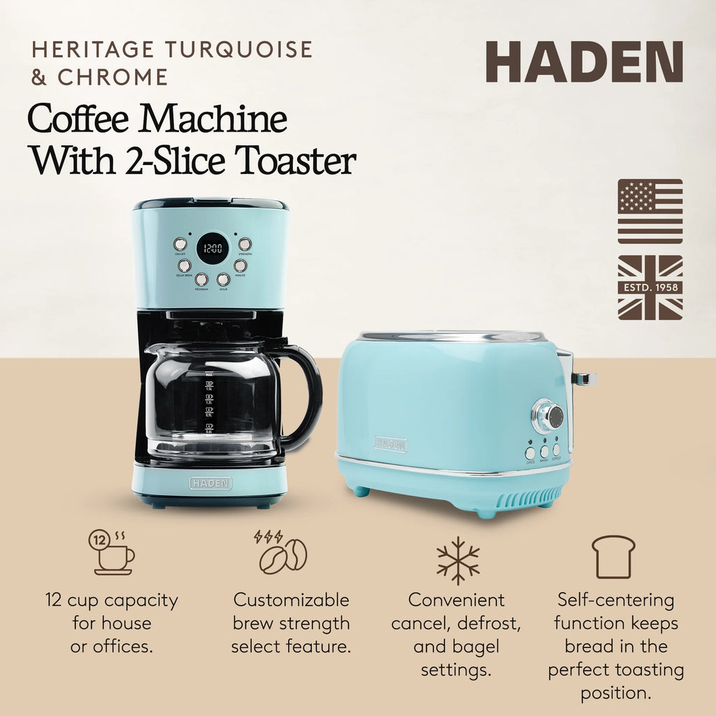 Haden 12 Cup Coffee Maker with 2 Slice Stainless Steel Bread Toaster, White