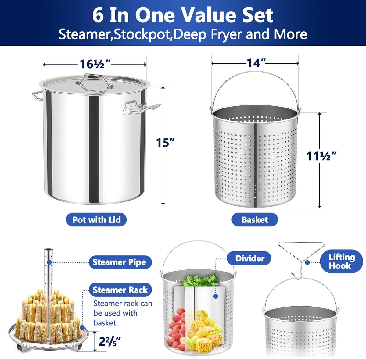 52QT Stainless Steel Turkey Fryer Pot and Burner Kit, Propane Burners, Tamale Steamer Pot with Basket, Steamer Rack, for Outdoor Cooking, Seafood Boil, Crawfish Boil, Home Brewing