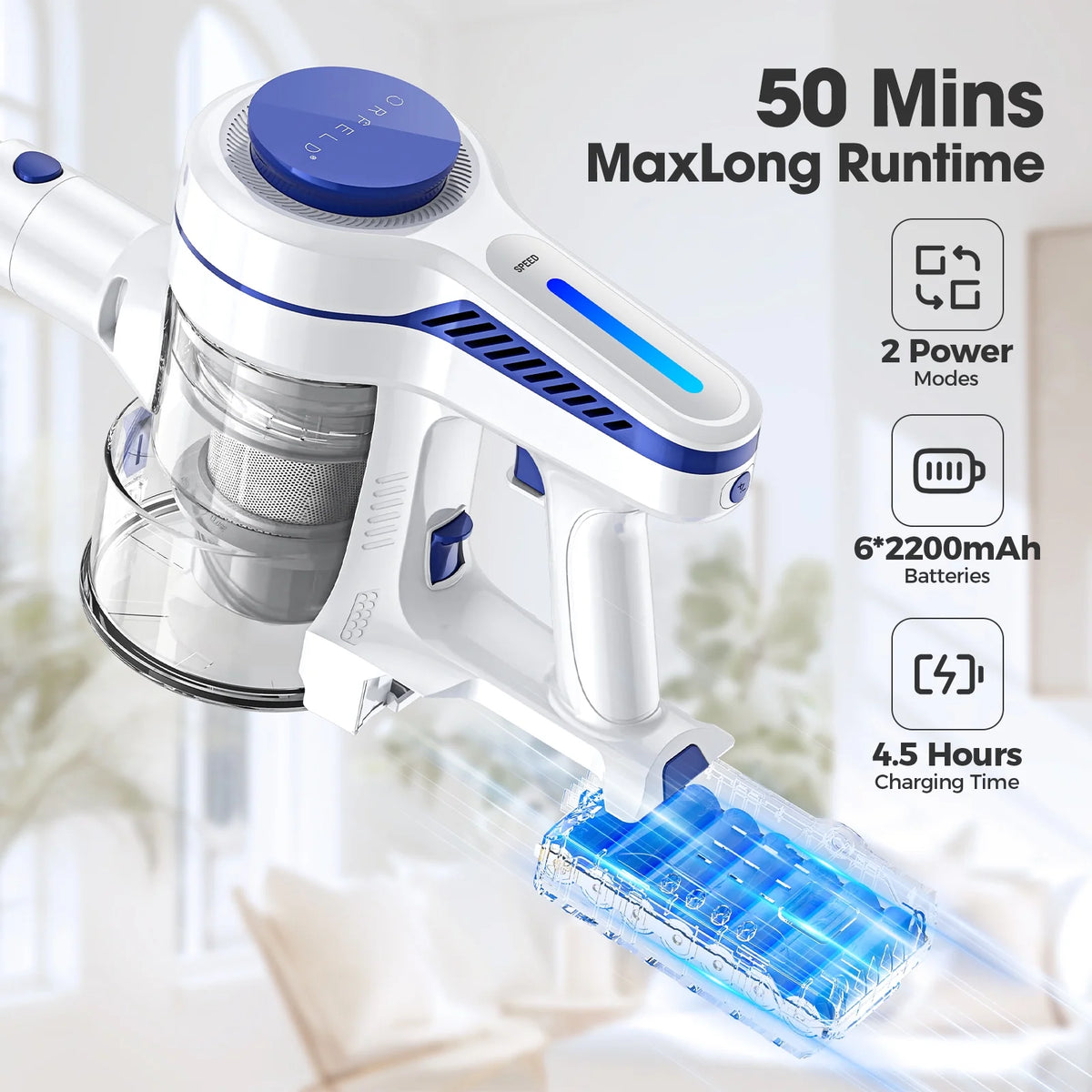 ORFELD Cordless Vacuum Cleaner, 40KPa 50mins Stick Vacuum Lightweight for Hardwood Carpet Pet, V19