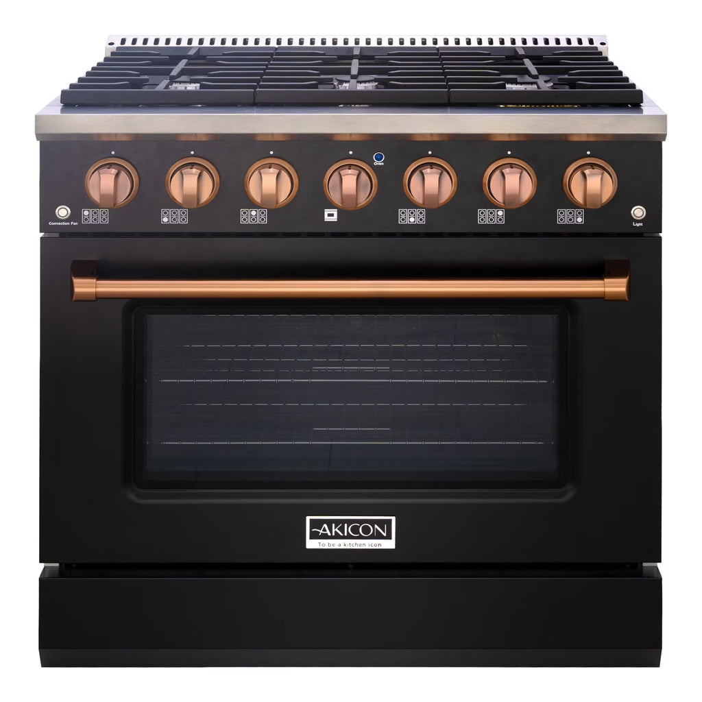 Akicon 36" Slide-in Freestanding Professional Style Gas Range with 5.2 Cu. Ft. Oven, 6 Burners, Convection Fan, Cast Iron Grates. Black & Copper