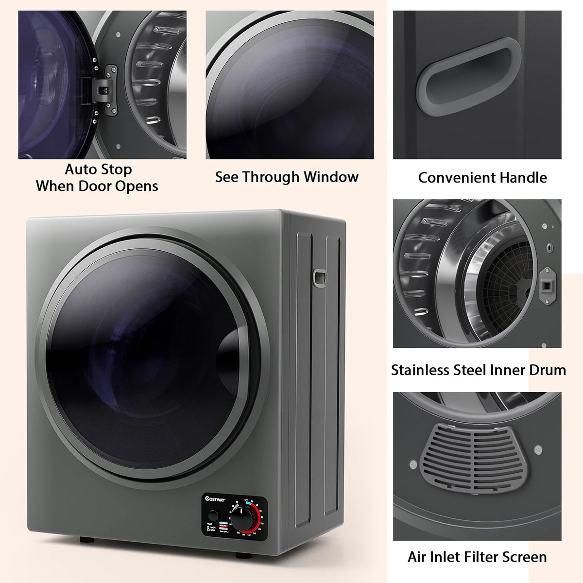 Costway Electric Tumble Compact Laundry Dryer Stainless Steel Wall Mounted 1.5 cu .ft.