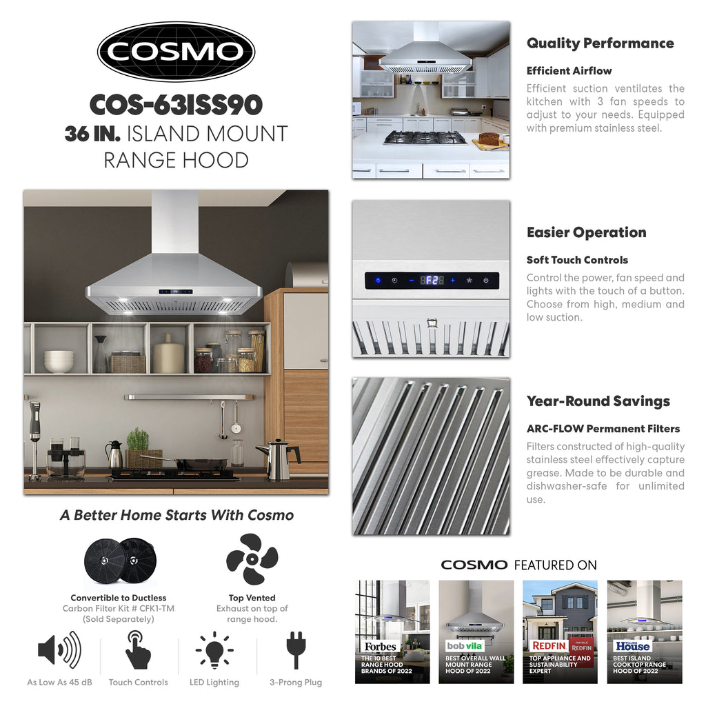36 in. Lumin Collection Ductless Island Range Hood, Soft Touch Controls, LED Lights, Stainless Steel
