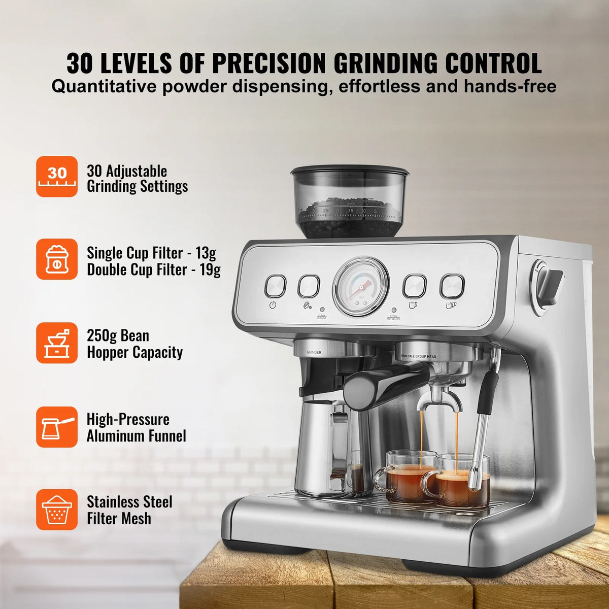 KFFKFF Coffee Machine with Grinding Feature, 15 Bar Semi-Auto Coffee Brewer with Milk Frothing Wand, Detachable Water Reservoir & Pressure Indicator for Cappuccino, Latte, Machiato, PID Regulation