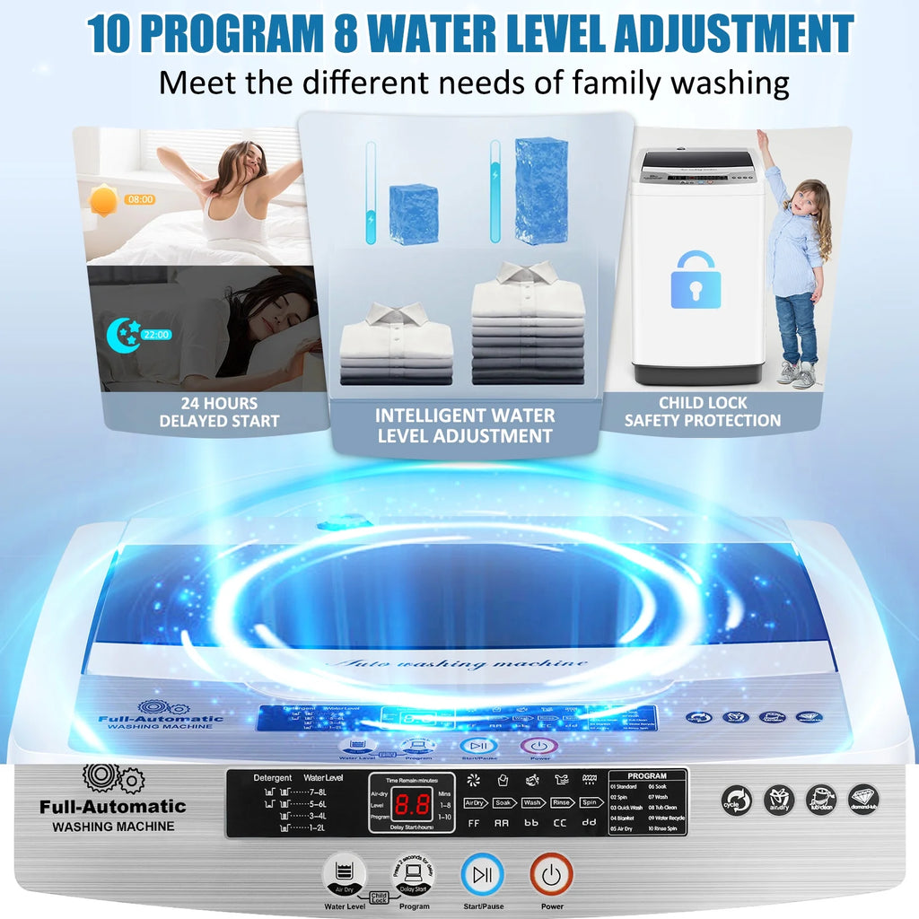 Qhomic Portable Washing Machine, 17.8lbs Large Fully-Automatic Laundry Washer, 10 Washing Programs & 8 Water Levels Selections Machine Ideal for Apartments Dorms Families