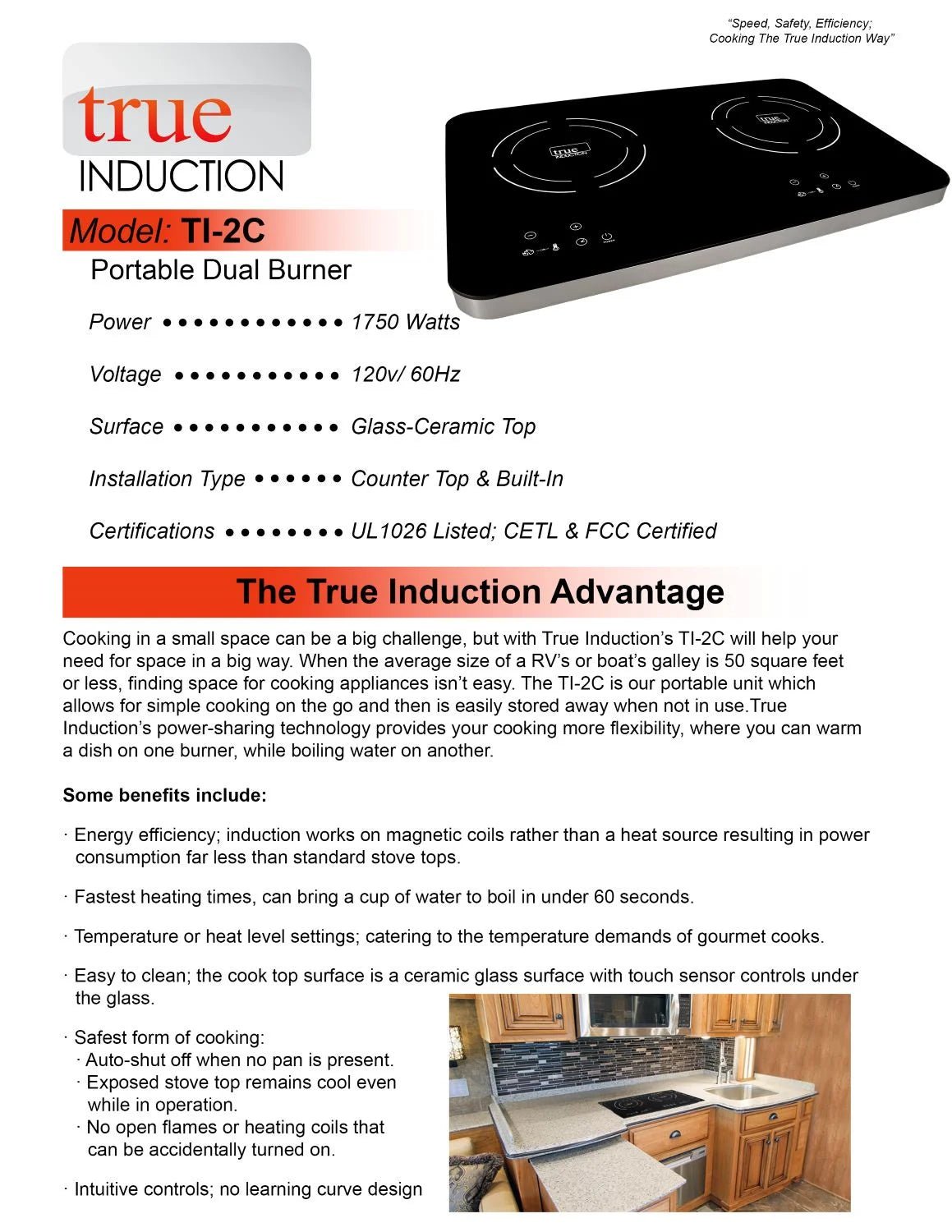 True Induction TI-2C Protable UL1026 Certified, 23-inch Dual Induction Cooktop 1750W Glass-Ceramic Top with FREE Carrying Bag & 2 Silicone Mats