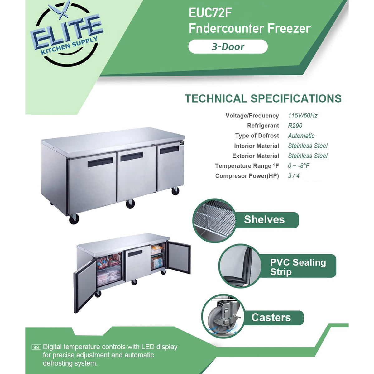 72 in. Commercial Undercounter Freezer 19 Cu.Ft. Stainless Steel Three-Door Commercial Freezer Heavy Duty