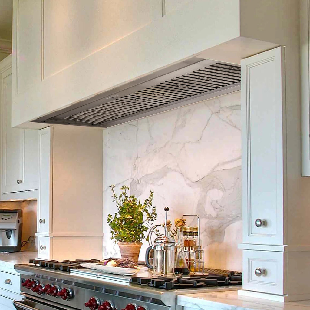 Akicon 48 Inch Range Hood Insert, Stainless Steel 8" Ducted Insert/Built-in Kitchen Vent Hood with 1200 CFM Suction, Dimmable LED Lights and Dishwasher Safe Filters, 4 Speed-Cool White