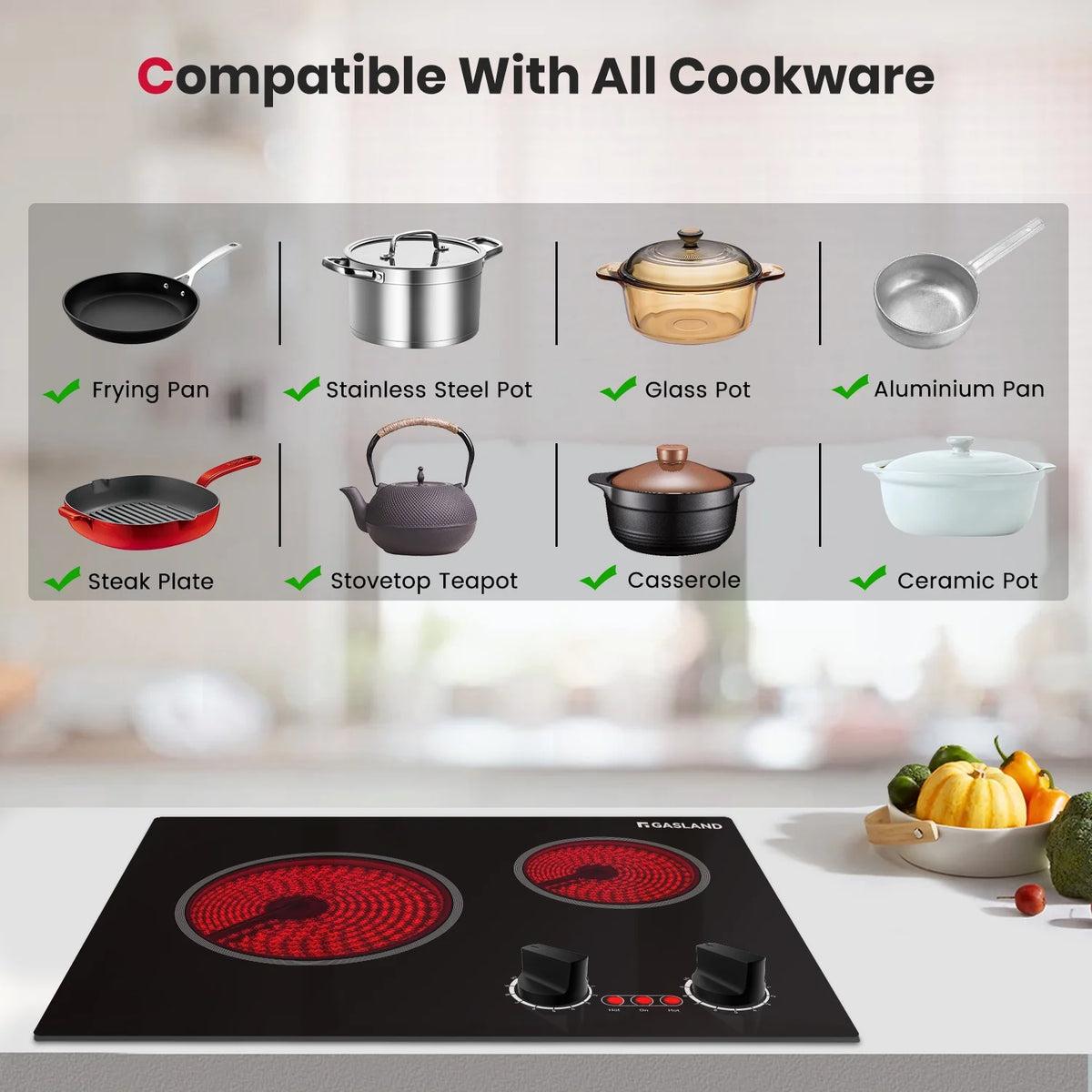 GASLAND 21 in 2 Elements Radiant Electric Cooktop with 9 Heating Levels, Smooth Surface, 240V