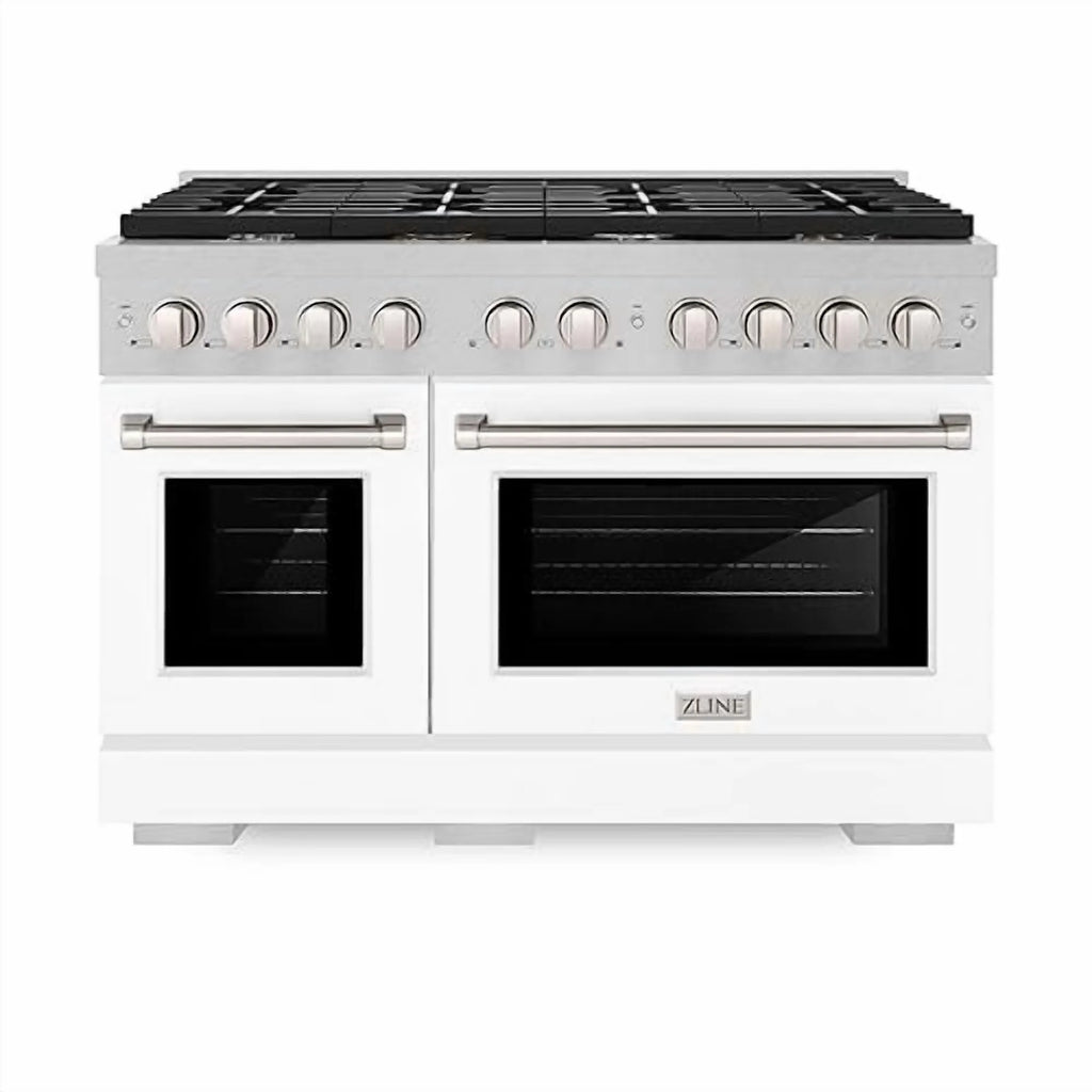 ZLINE 48 in. 6.7 cu. ft. Paramount Double Oven Gas Range with 8 Burner Cooktop in DuraSnow Stainless Steel with White Matte Doors (SGRS-WM-48)