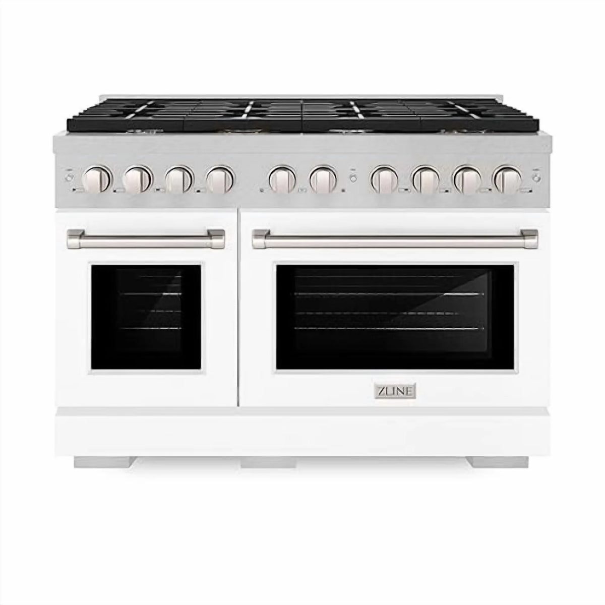 ZLINE 48 in. 6.7 cu. ft. Paramount Double Oven Gas Range with 8 Burner Cooktop in DuraSnow Stainless Steel with White Matte Doors (SGRS-WM-48)