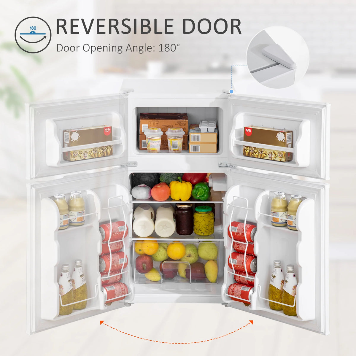Harper & Bright Designs Double Door Mini Fridge with Freezer, 3.2 Cu.Ft Compact Refrigerator with Adjustable Shelf, Adjustable Thermostat and Reversible Door for Bedroom, Dorm, Home Office, White