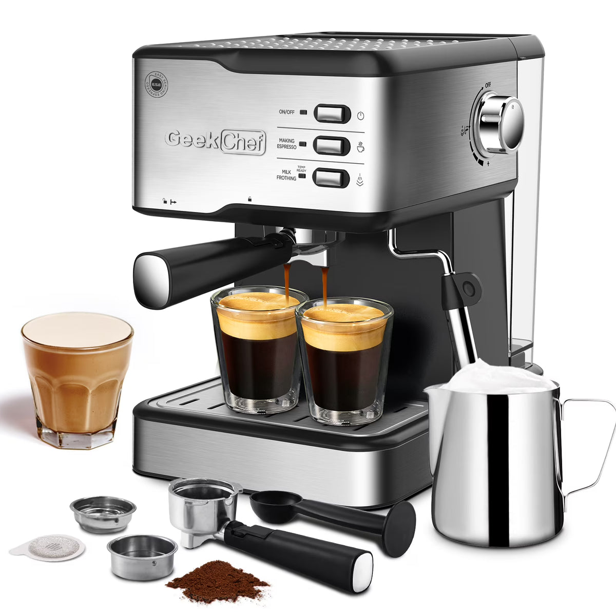 COOKCOK Espresso Machine 20 Bar,Expresso Coffee Machine With Milk Foaming Steam Wand,Espresso and Cappuccino Maker,ESE POD capsules filter,For Home Barista,Detachable Frothing Nozzle,1.5L Water Tank
