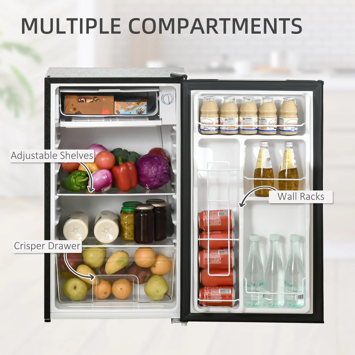 Homiyad 3.2 Cu.Ft Mini Fridge with Freezer, Single Door Compact Refrigerator with Adjustable Thermostat, Shelf and Reversible Door for Bedroom, Dorm, Home Office, Energy Efficient, Black