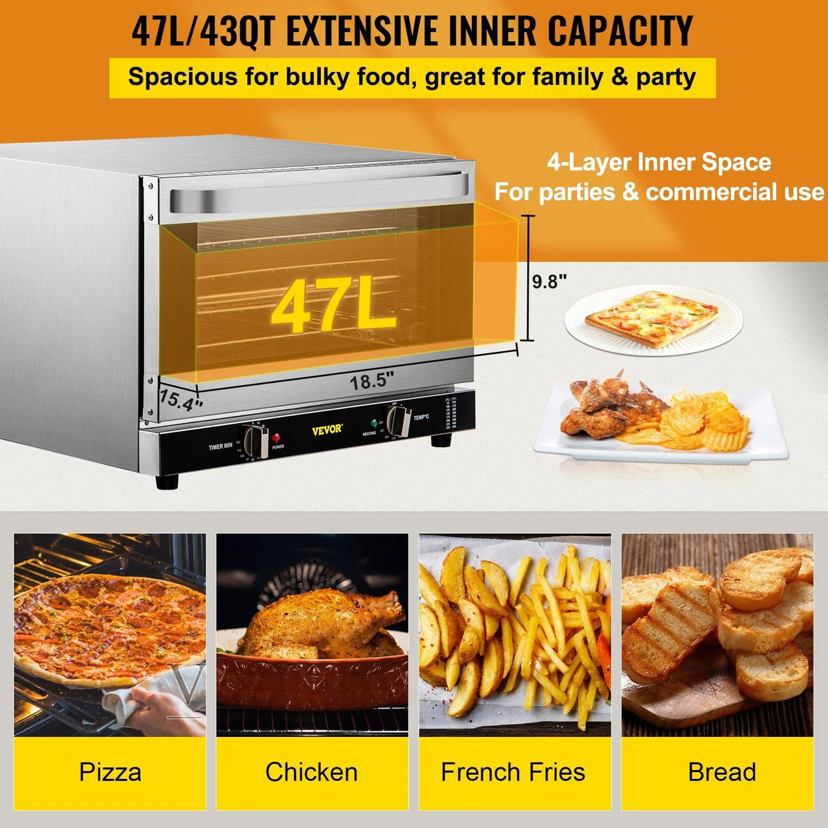 Commercial Convection Oven 47L/43Qt, Half-Size Electric Countertop Baking Oven, 1600W 4-Tier Toaster w/ Front Glass Door, Wire Racks, Tray, Bread Clip & Gloves, 120V ETL Listed