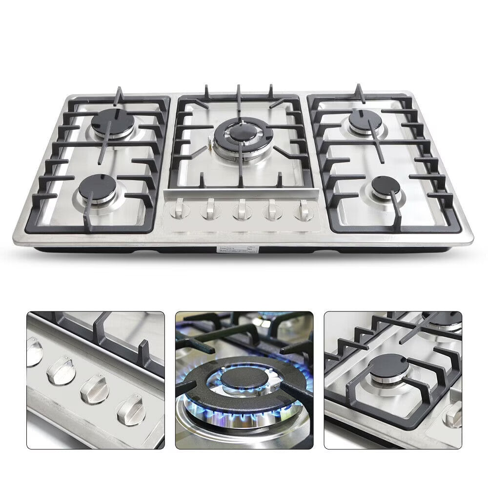 Kitchen Cooktop 34" Built-In Stove Top 5 Burners Gas Cooktop Kitchen NG Gas Cooking Easy Clean Stainless Steel 5 Burners Built-In Stove Cooktop Gas NG/LPG Hob Cooker Natural Gas Stove Kitchen