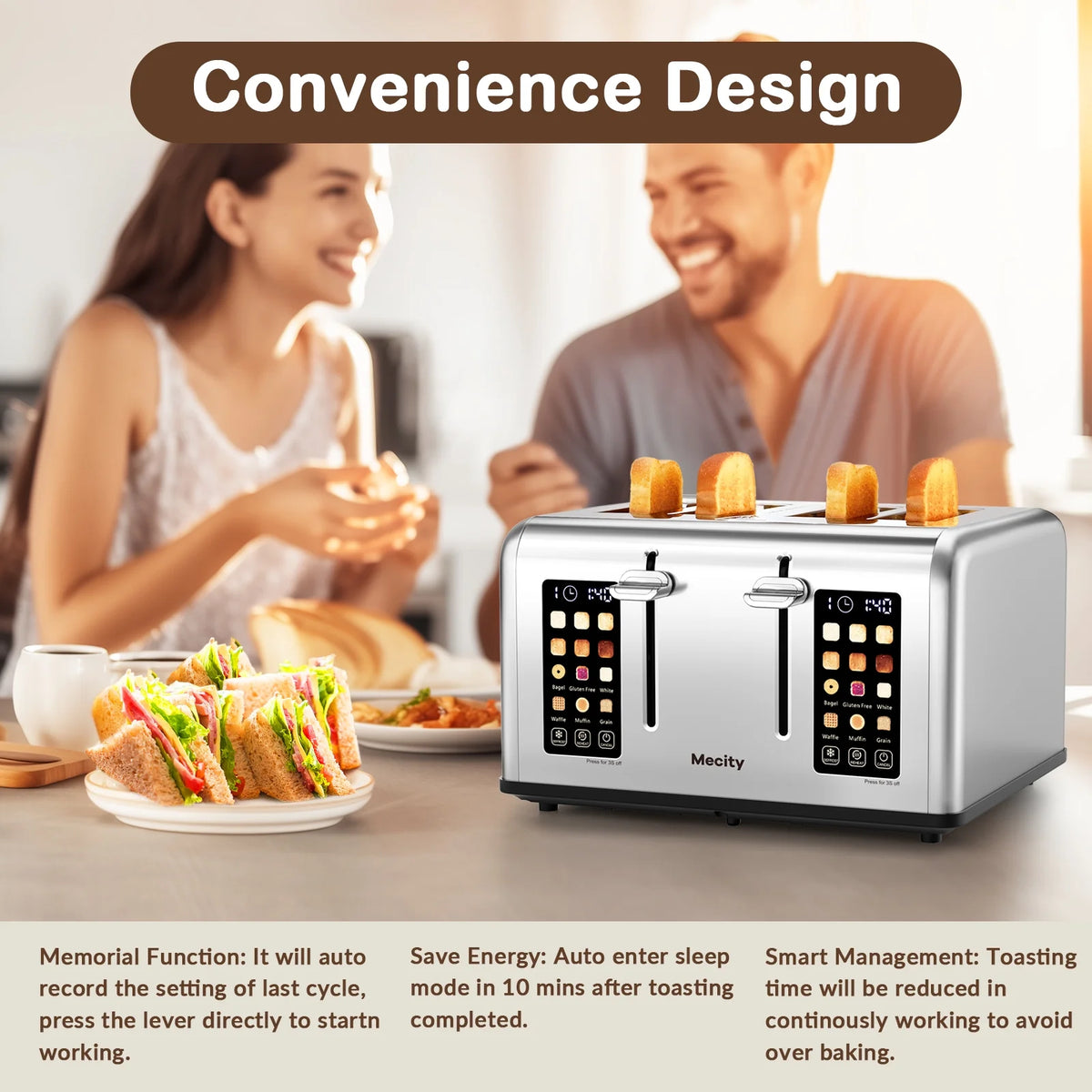 Mecity 4-Slice Touchscreen Toaster, Stainless Steel, 6 Browning Settings, Reheat, Cancel, Defrost, Removable Tray