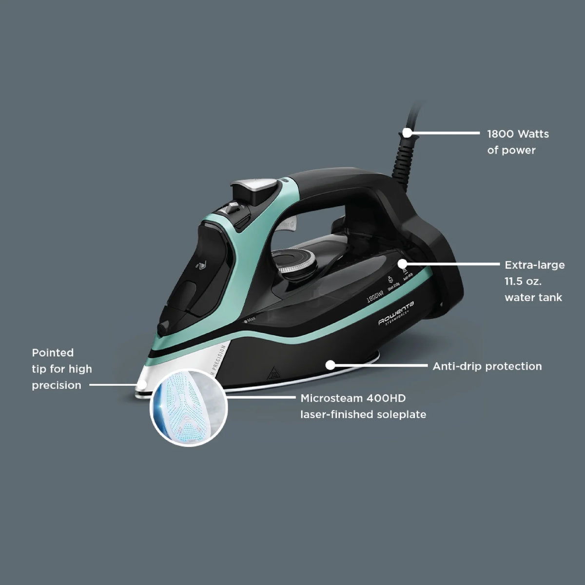 Rowenta Steam Force+ Iron for Clothes, Stainless Steel Soleplate, 1850 Watts, 400 Microsteam Holes, Garment Steamer, Black & Blue, DW9440U1