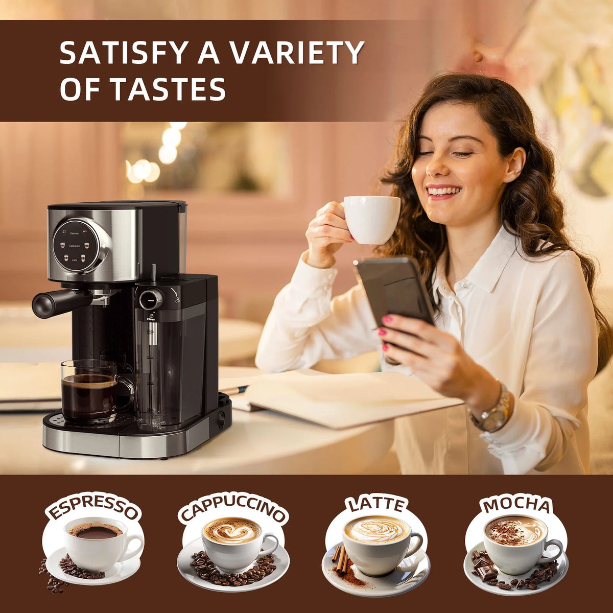Auseo 20 Bar Espresso Machines, Espresso Coffee Maker with Milk Frother Steam Wand, Ground Coffee & Capsules, Black and Stainless Finish, Espresso/Cappuccino/Latte/Mocha for Home