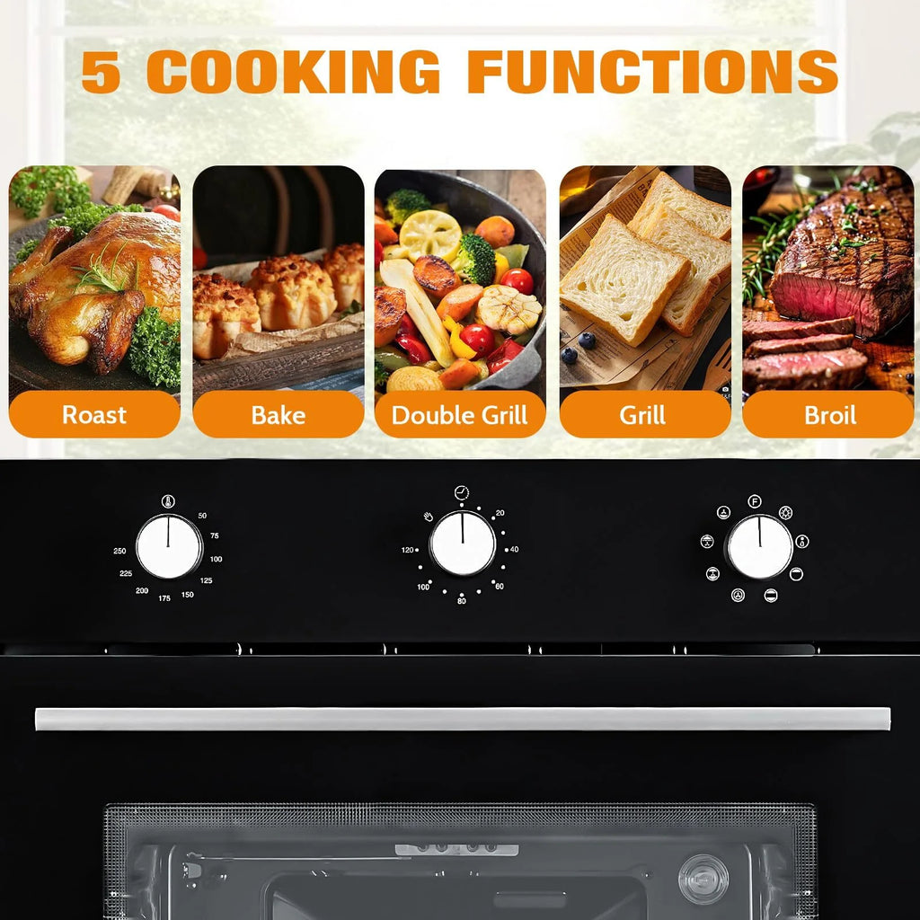 RIEDHOFF 24�?Single Wall Oven, 2.5 Cu.Ft Built-in Electric Single Wall Ovens with Mechanical Knobs, Double-Layered Glass Door, 5 Cooking Functions, 3000W 240V Ideal for Kitchen Oven