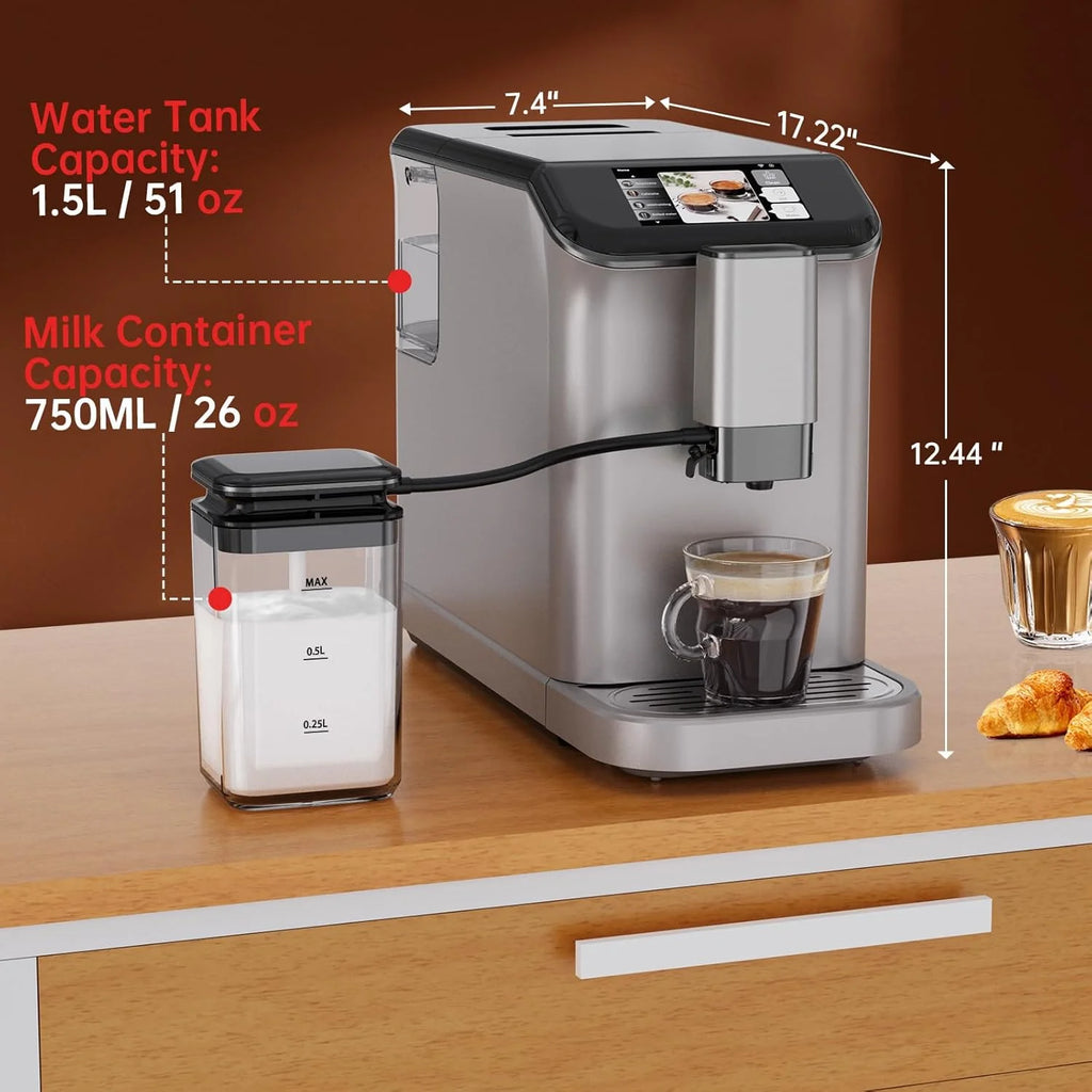 Full Automatic Espresso Machine with Built-In Grinder & Milk Frother - FTF Touchscreen Coffee Maker for Latte/Cappuccino, 20 Bar Pressur & 1.5L Water Tank, 1350W, Grey