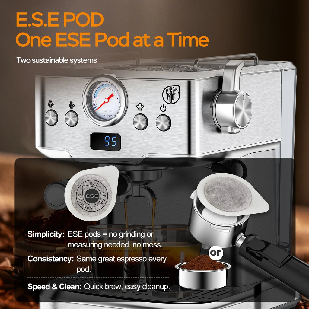 Plum Chef Espresso Machine 20 Bar Coffee Makers, Cappuccino Machine with E.S.E Pod & Pressure Gauge for Home, 1.8L Water Tank, Stainless steel, Silver