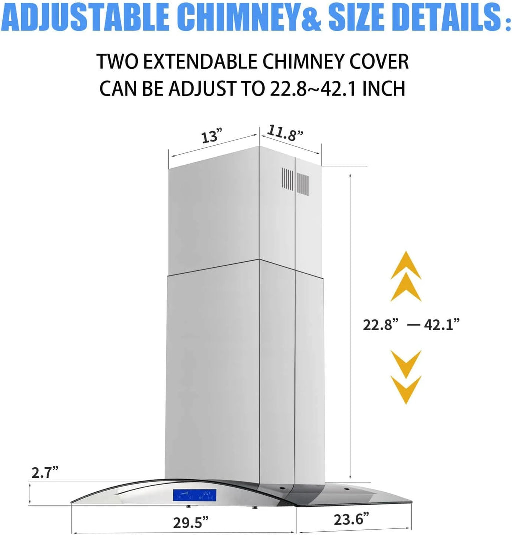 Island Range Hood 30 Inch 700 CFM Ceiling Mount Stainless Steel Kitchen Vent Hood Touch Screen Control Kitchen Exhaust Hood Ducted Ductless Convertible 3-speed Ventilation Fan