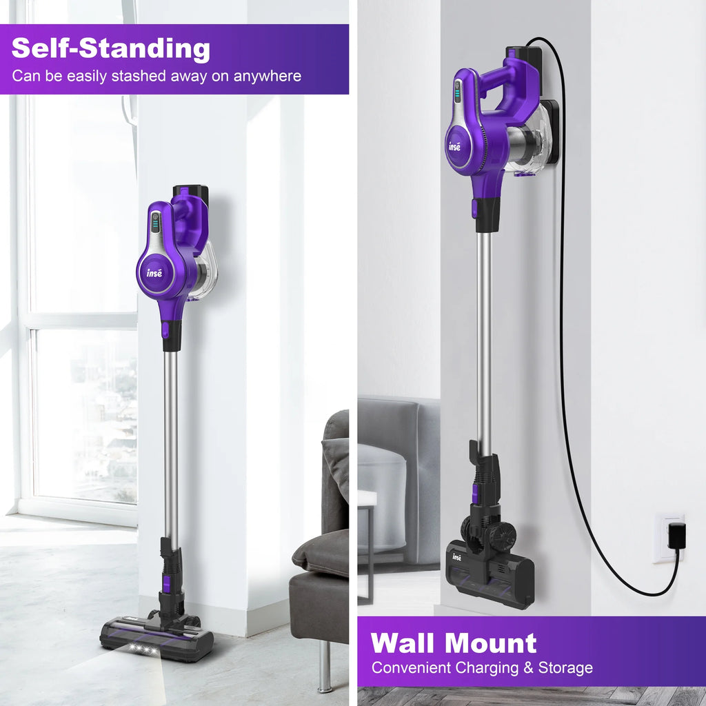 INSE Cordless Vacuum Cleaner, 30kPa 300W Powerful Suction Stick Vacuum Cleaner up to 45min Runtime, Rechargeable Battery Vacuum, 8-in-1 Lightweight Vacuum for Carpet Hard Floor Pet Hair, Purple