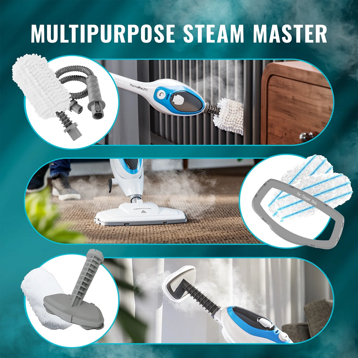 Pursteam ScrubMaster Steam Mop with Dual Scrubbing Head, LED Headlights, Adjustable Steam Control, Anti-Slip Swivel Head, Cable Holder & Upright Lock