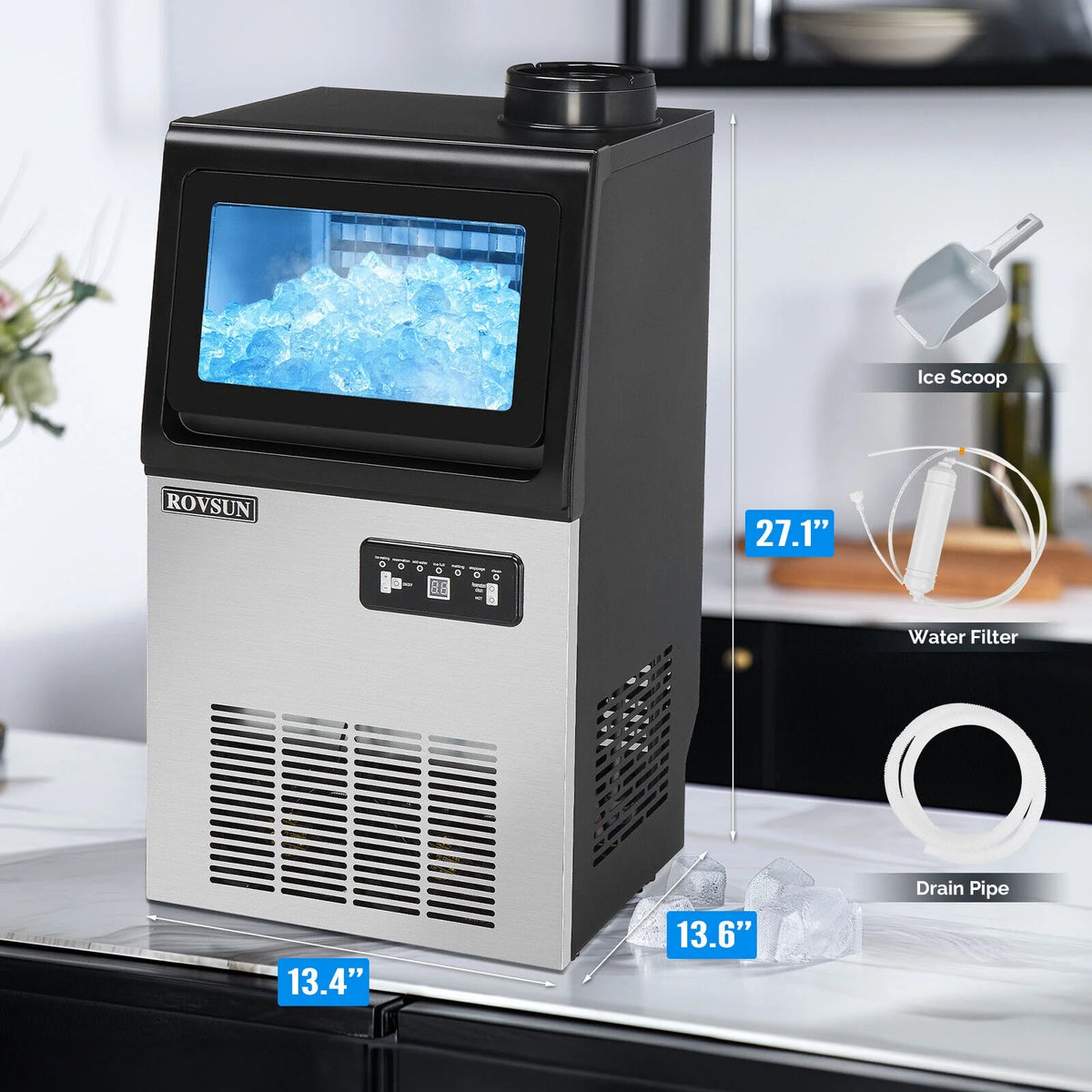 ROVSUN Ice Maker Machine 90 lbs/24H Capacity Freestanding & Countertop, Stainless Steel