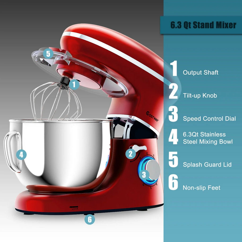 Costway 6.3 QT Tilt-Head Food Stand Mixer 6 Speed 660W wIth Dough Hook, Whisk & Beater Black