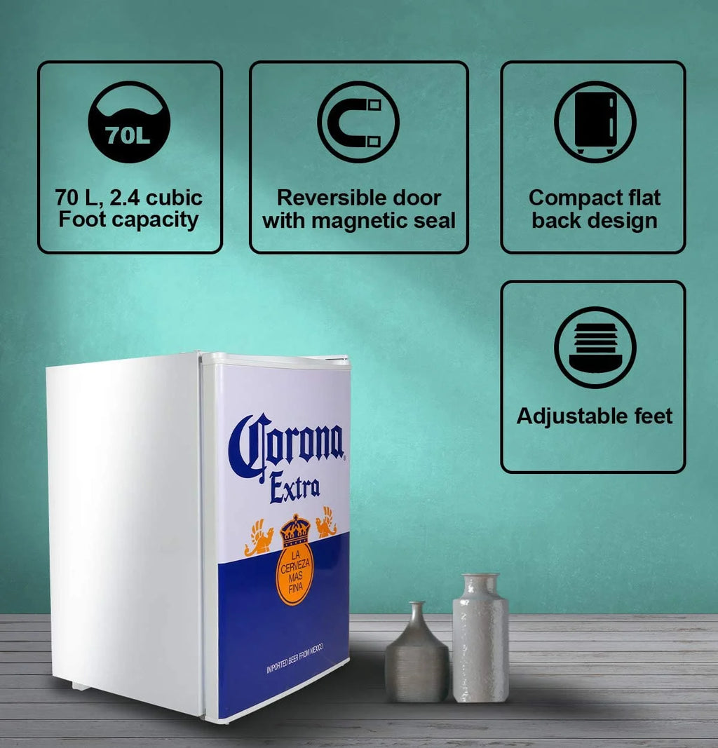 Corona Mini Beer Fridge with Freezer, 2.4 Cu. Ft, 70L Capacity White & Blue Compact Beverage Cooler