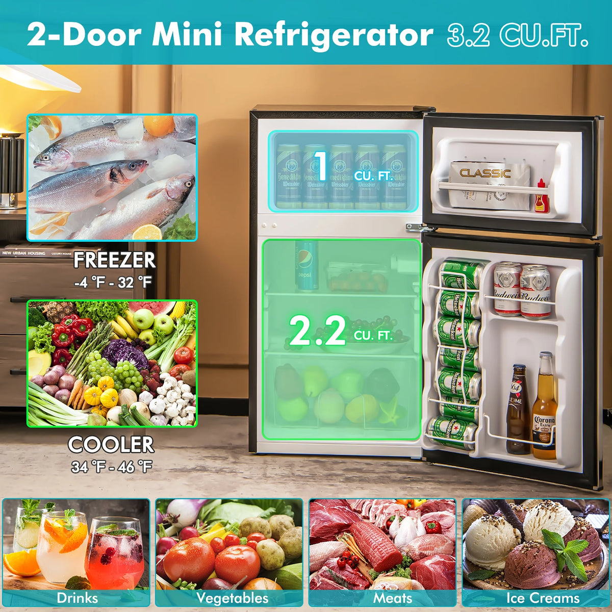 Costway FP10226US-SL Mini Refrigerator with Freezer Compact, Black and Silver, 19'' x 18'' x 33''