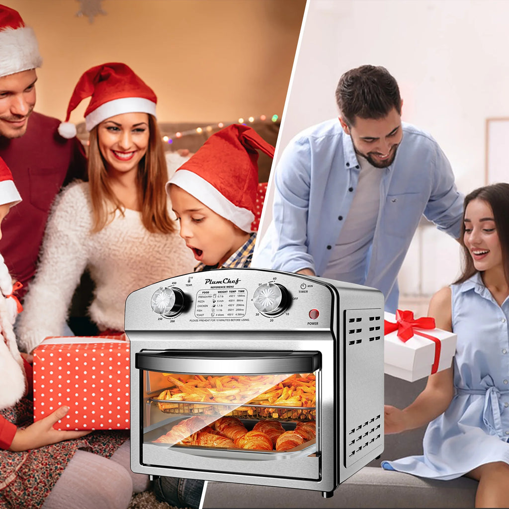 PlumChef 13 Quart 4 Slices Air Fryer Convection Toaster Oven, 1500W, 7 in 1 Multifunction with Roast, Bake, Grill, Broil, Toast, Dehydrate, Defrost, Stainless Steel