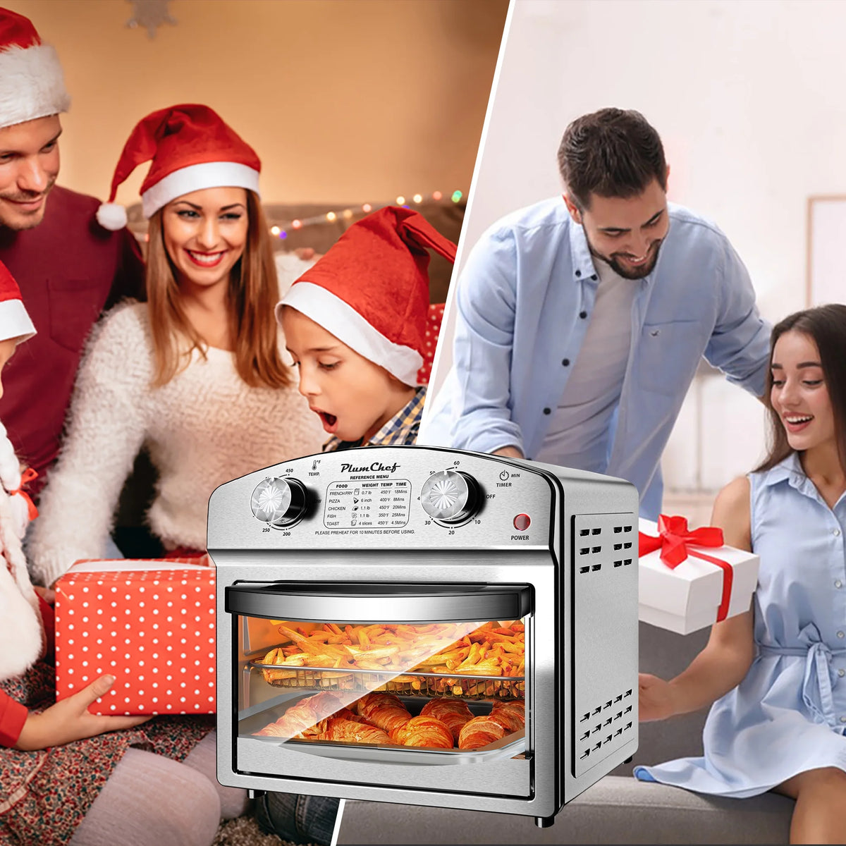 PlumChef 13 Quart 4 Slices Air Fryer Convection Toaster Oven, 1500W, 7 in 1 Multifunction with Roast, Bake, Grill, Broil, Toast, Dehydrate, Defrost, Stainless Steel