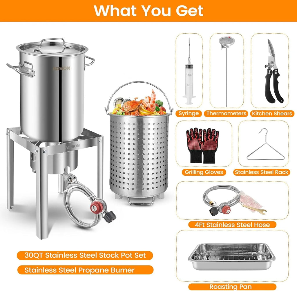 30QT Stainless Steel Turkey Fryer&Seafood Boil Pot with 55,000BTU Propane Burner for Outdoor Cooking of Turkey,Crab,Lobster and Shrimp