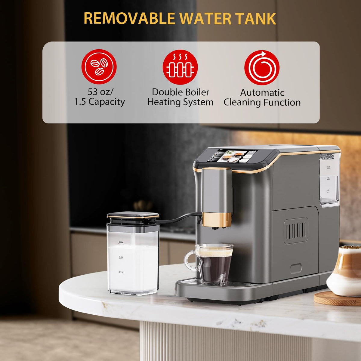 Soonbuy Fully Automatic Espresso Machine 20 Bar, With Milk Frother Steam Wand,Gold