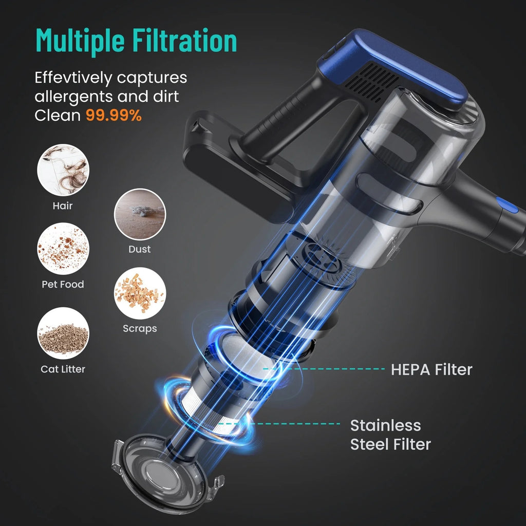 Cordless Vacuum Cleaner, 23kPa, Lightweight Stick Vacuum for Hard Floor, Carpet, Pet Hair, 55 Mins Runtime, Blue