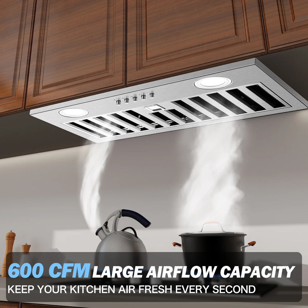 20" 600 CFM Range Hood Insert, Ultra-Quiet ��60dB, Dishwasher-Safe Filter, 3-Speed, LED Lights, Ductless/Ducted