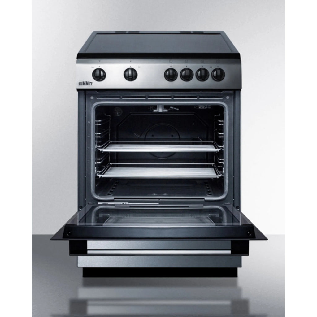 24" wide smooth top electric range in slide-in style and white finish, with storage drawer and large oven window in black glass