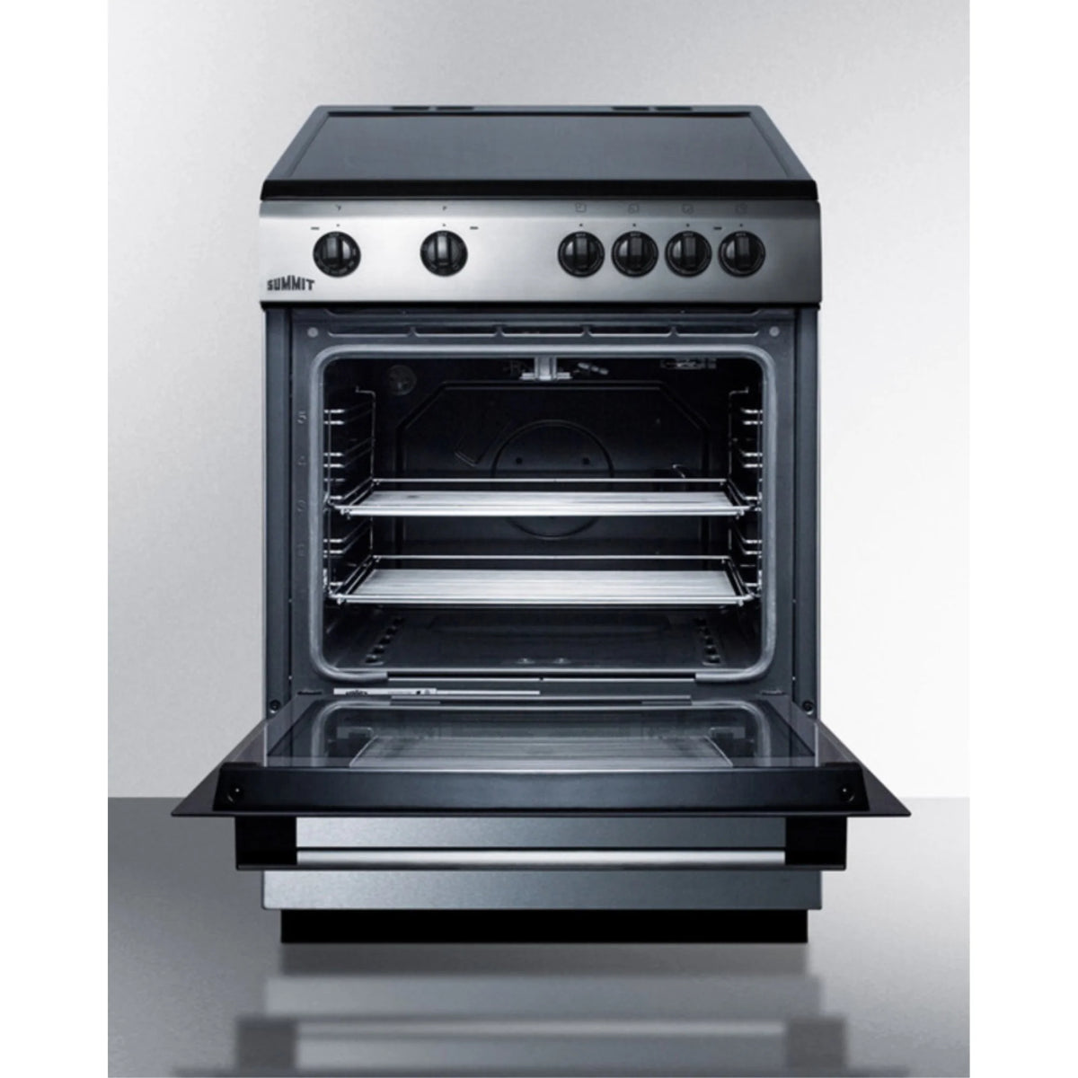 24" wide smooth top electric range in slide-in style and white finish, with storage drawer and large oven window in black glass