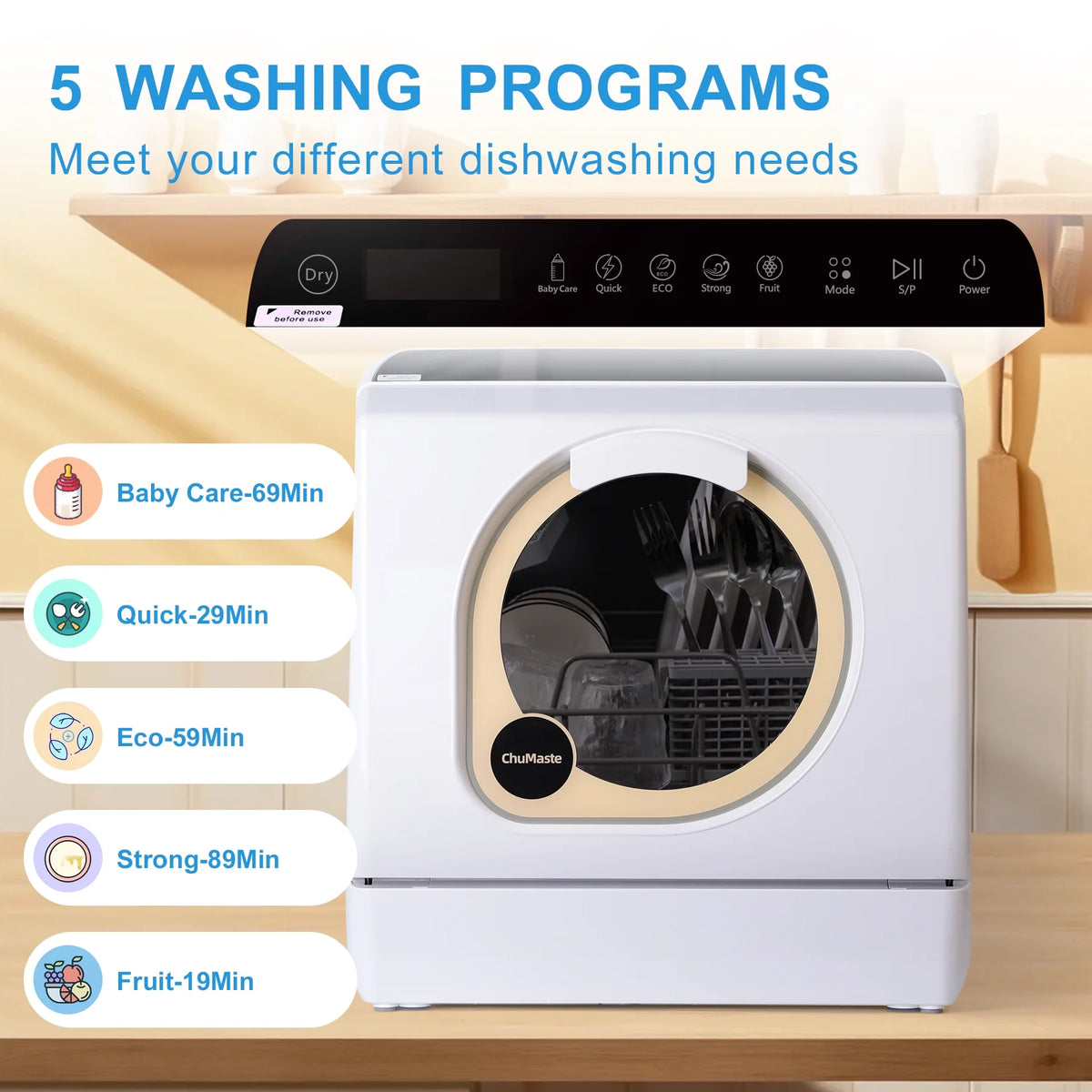 ChuMaste countertop dishwasher, countertop dishwasher with water tank, dishwasher with 5 wash programs, portable dishwasher can wash baby bottles, mini dishwasher with drying and double spray arms.��
