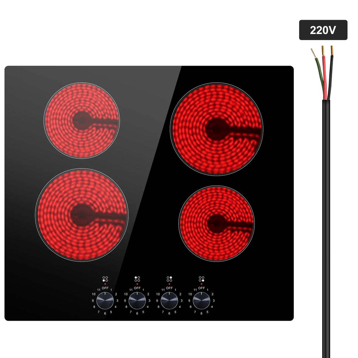 KFFKFF 24" Electric Cooktop, Electric Range, 4 Burner Built-in Ceramic Cooktop with 11 Power Levels, Knob Control, 6000W Ceramic Surface, Glass Panel, Dial Controls, 220-240V, Direct Wiring Required