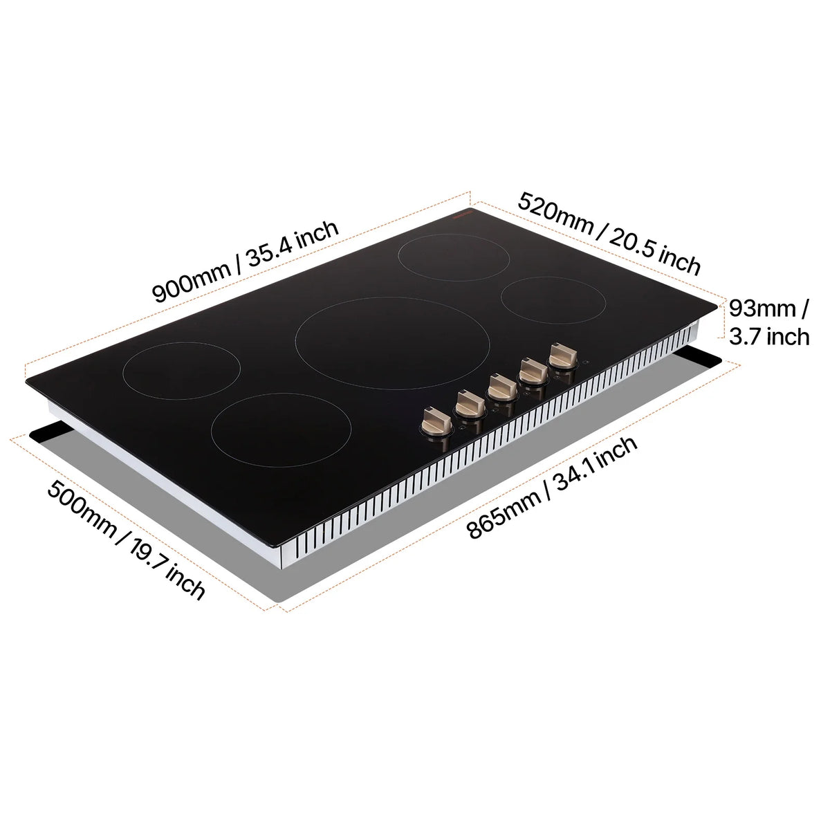 KFFKFF 5 Burner Electric Cooktop, 9200W 36" Ceramic Glass Stove Top Burner, Built In or Countertop, with Control Knobs, 12 Heat Levels, Glass Top, Automatic Power-Off for Indoor Outdoor Cooking