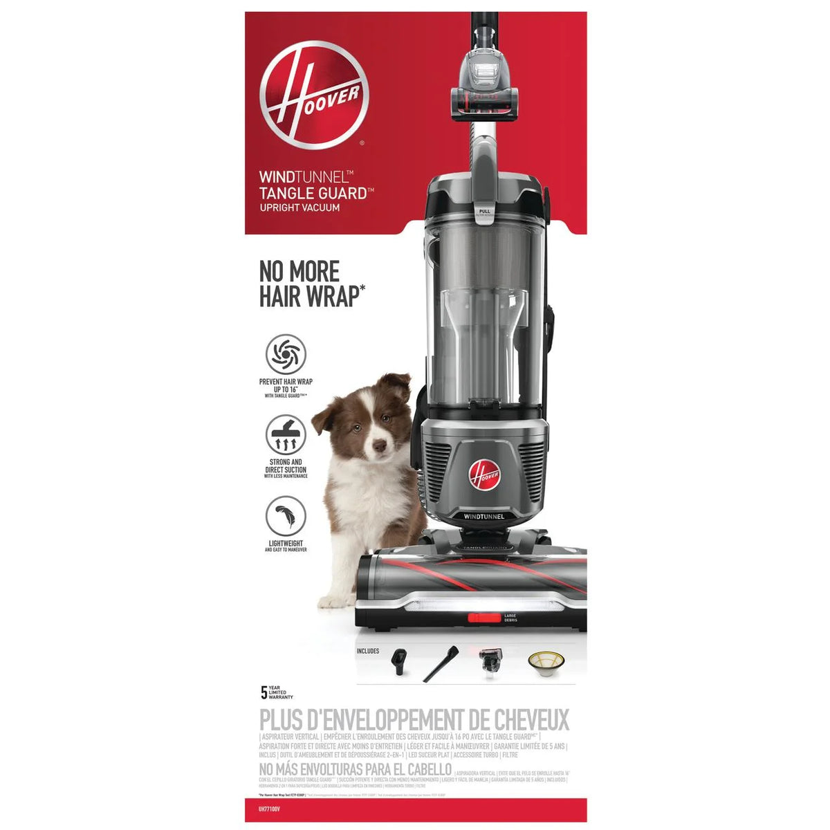 Hoover Upright Vacuum, WindTunnel Tangle Guard, Bagless, with Swivel Steering, Hard Floor and Carpet, Crevice Tool, Dusting Brush, Turbo Tool, LED headlights, UH77110, Black