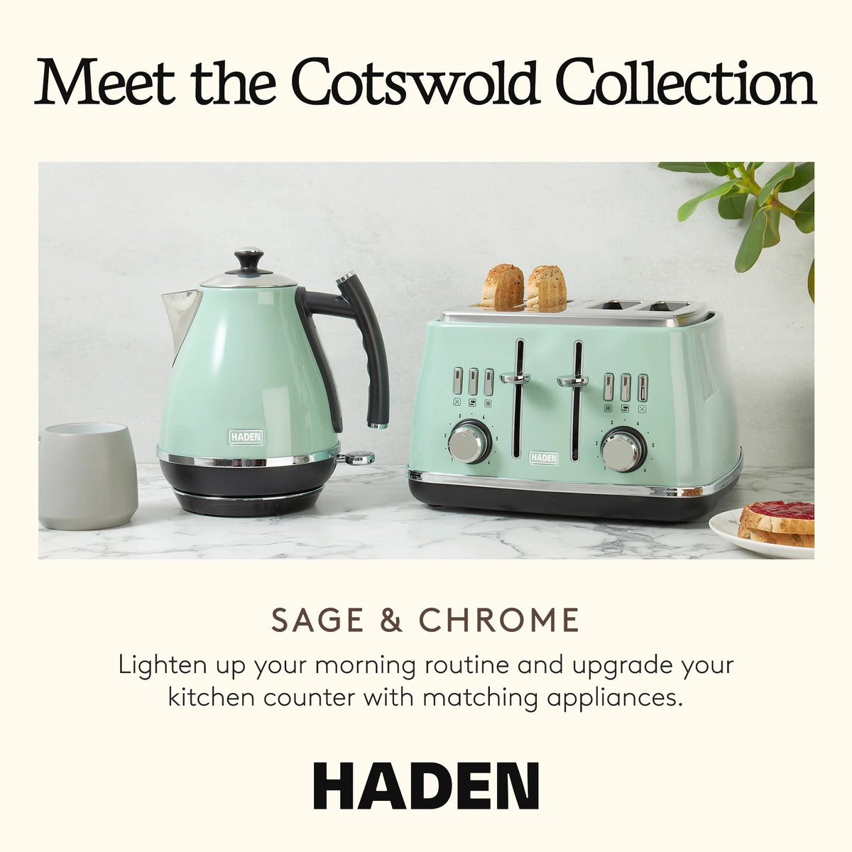Haden Cotswold 4-Slice Wide Slot Toaster, Sage - 75100