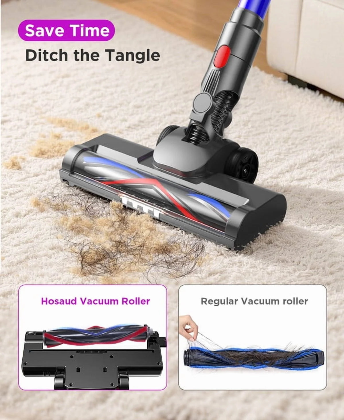 Hosaud Cordless Vacuum Cleaner - 45000pa 550W 55mins 2600mAh Lightweight Stick Vacuum Cleaners for Home Pet Hair Carpet Floor Purple