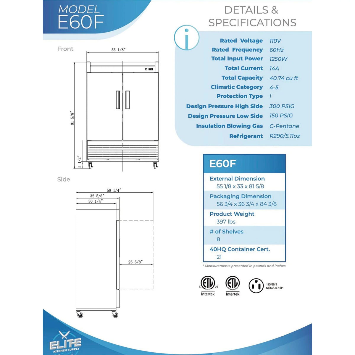 55 in. Two Door Reach-in Commercial Freezer 41 Cu.Ft. Solid Door Freezer, NSF