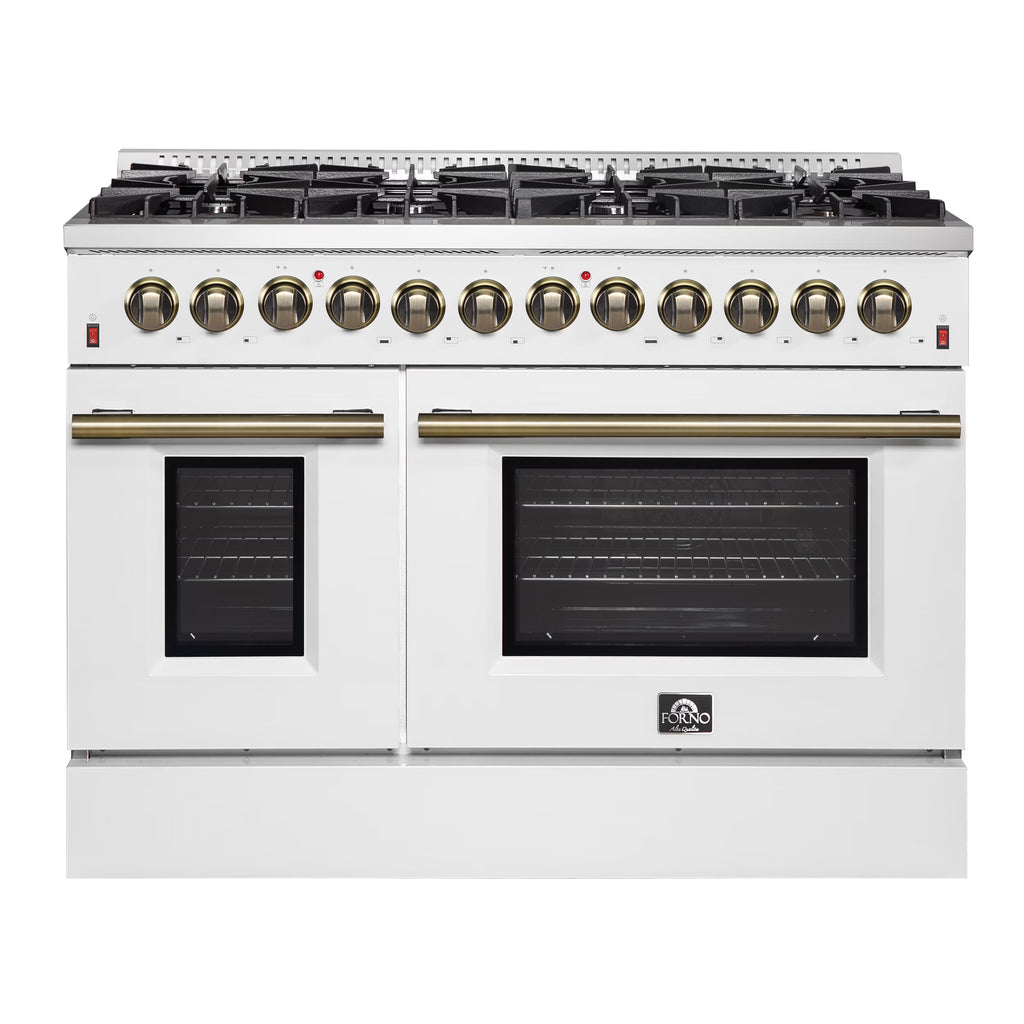Galiano 48-inch Dual Fuel Range White  Antique Brass Design with 8 Sealed Burners 107,000 BTU, 6.58 cu. ft. double ovens  Griddle