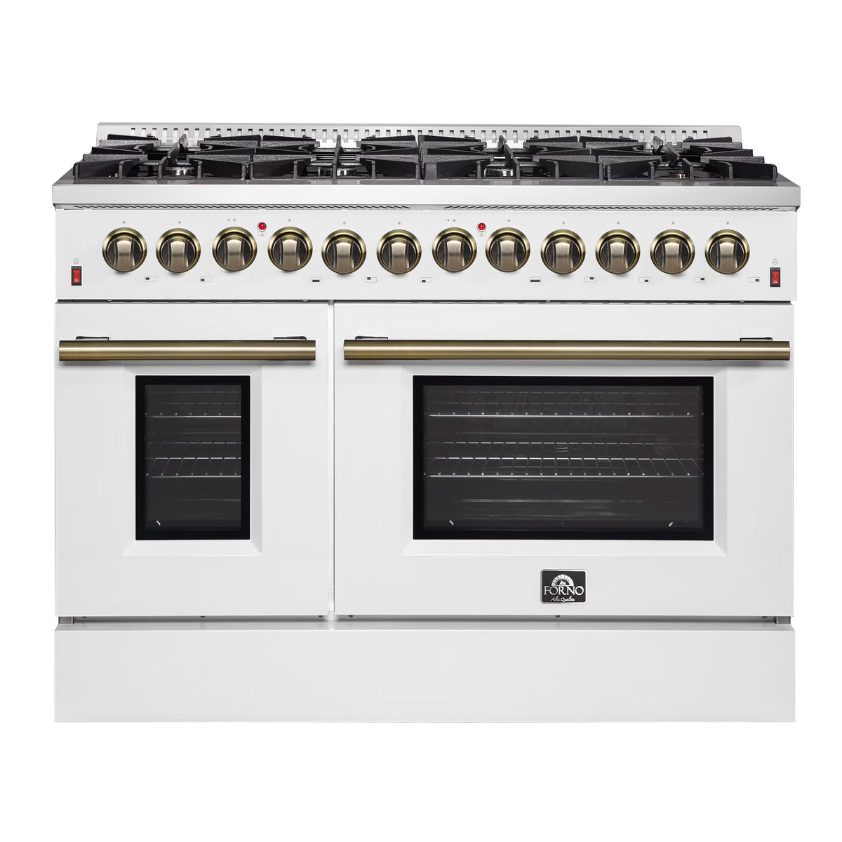 Galiano 48-inch Dual Fuel Range White  Antique Brass Design with 8 Sealed Burners 107,000 BTU, 6.58 cu. ft. double ovens  Griddle