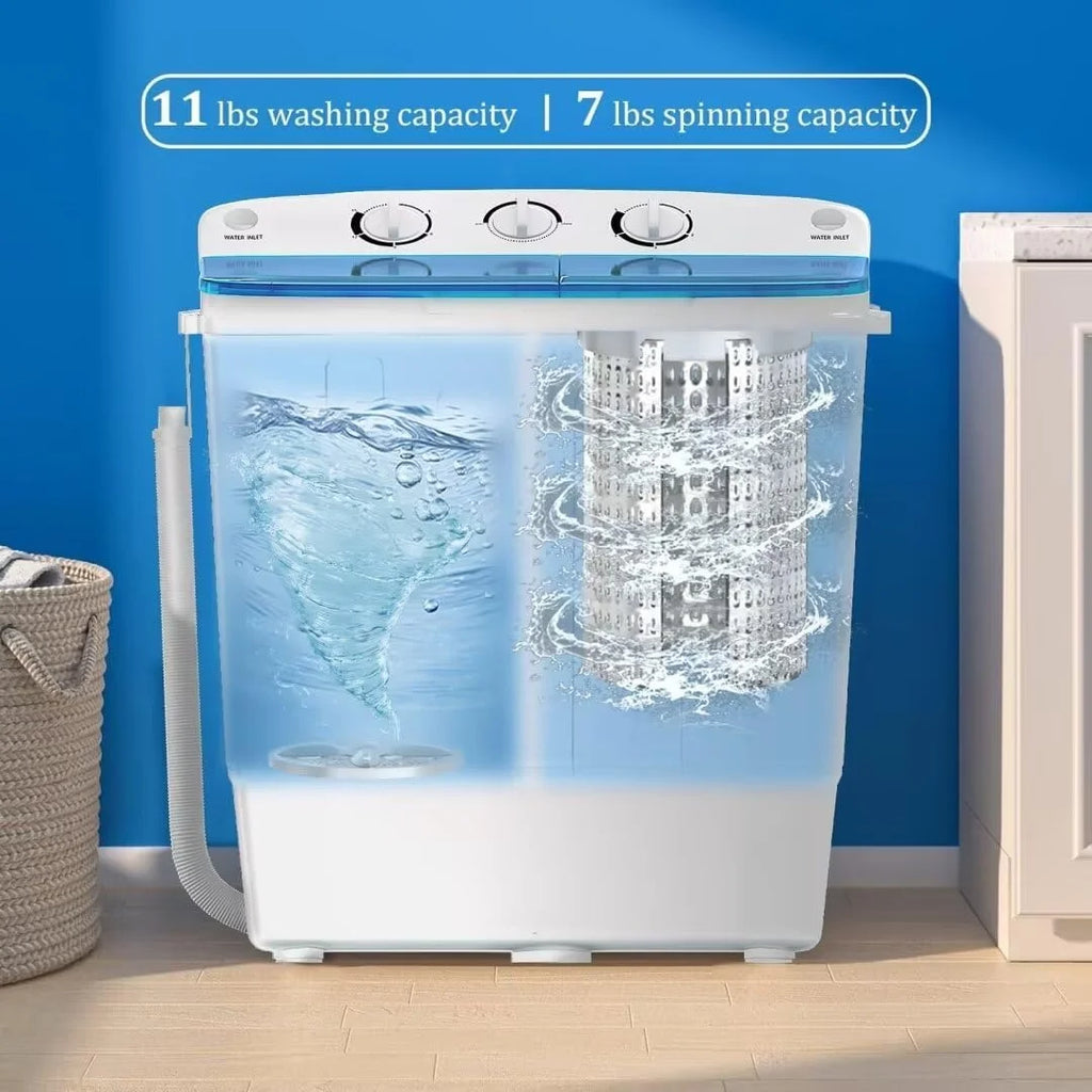Dimedeal Portable 18lbs Twin Tub Mini Washing Machine, 11lbs Washer & 7lbs Spinner with Drying Rack & Hangers